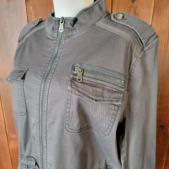 Express Women M Gray Full Zip Military Utility Jacket Cargo Style Waist Cinch - Picture 5 of 10